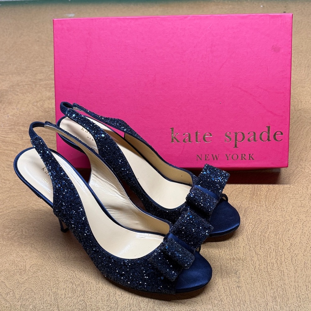kate spade Navy Blue Glitter Slingback Heels with Bow